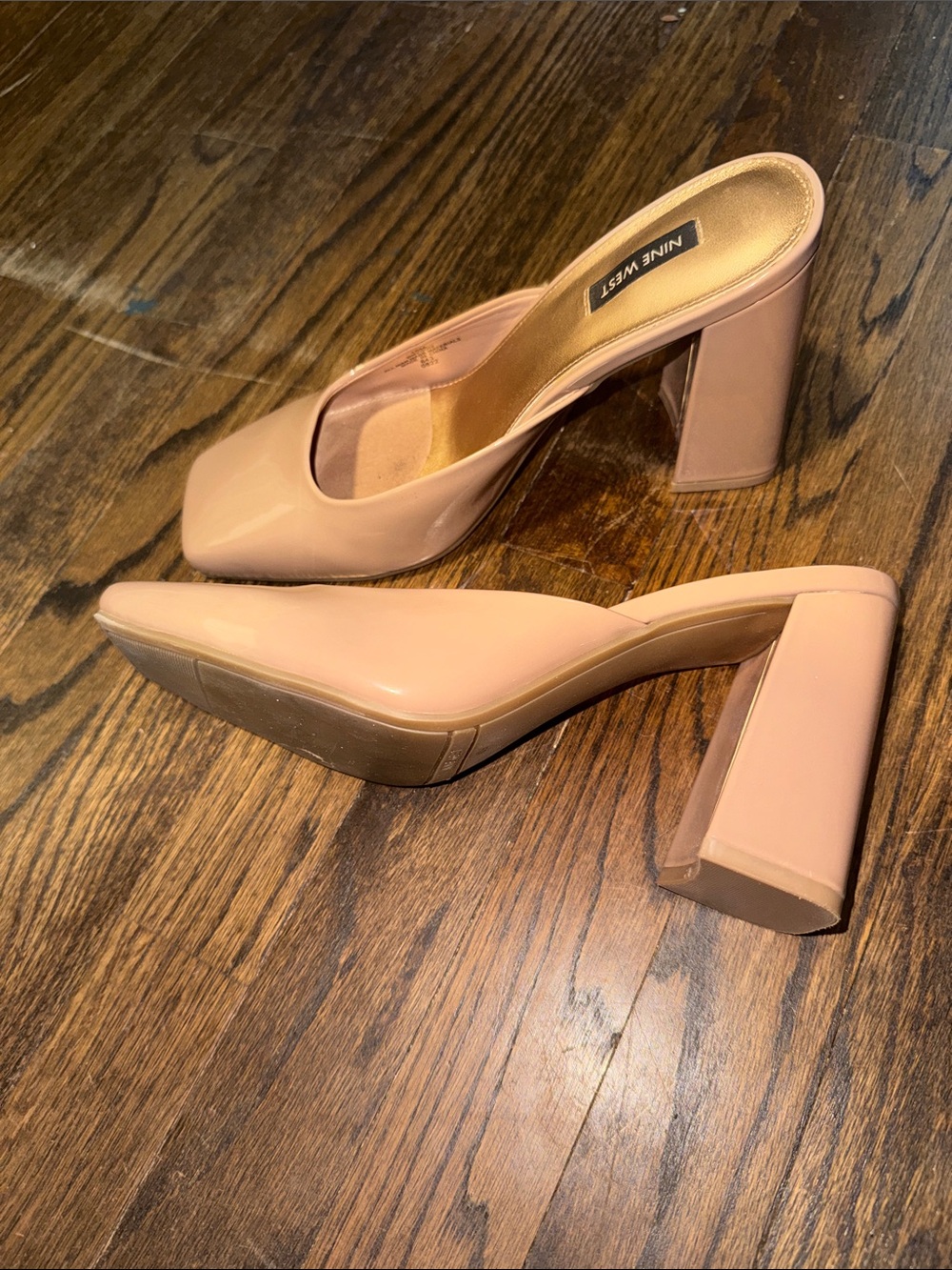 Nine West Yogi Blush Nude Square Toe Block Heel Mules